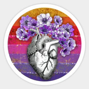 human heart sunset vintage style, anemones anatomy  floral art Sticker